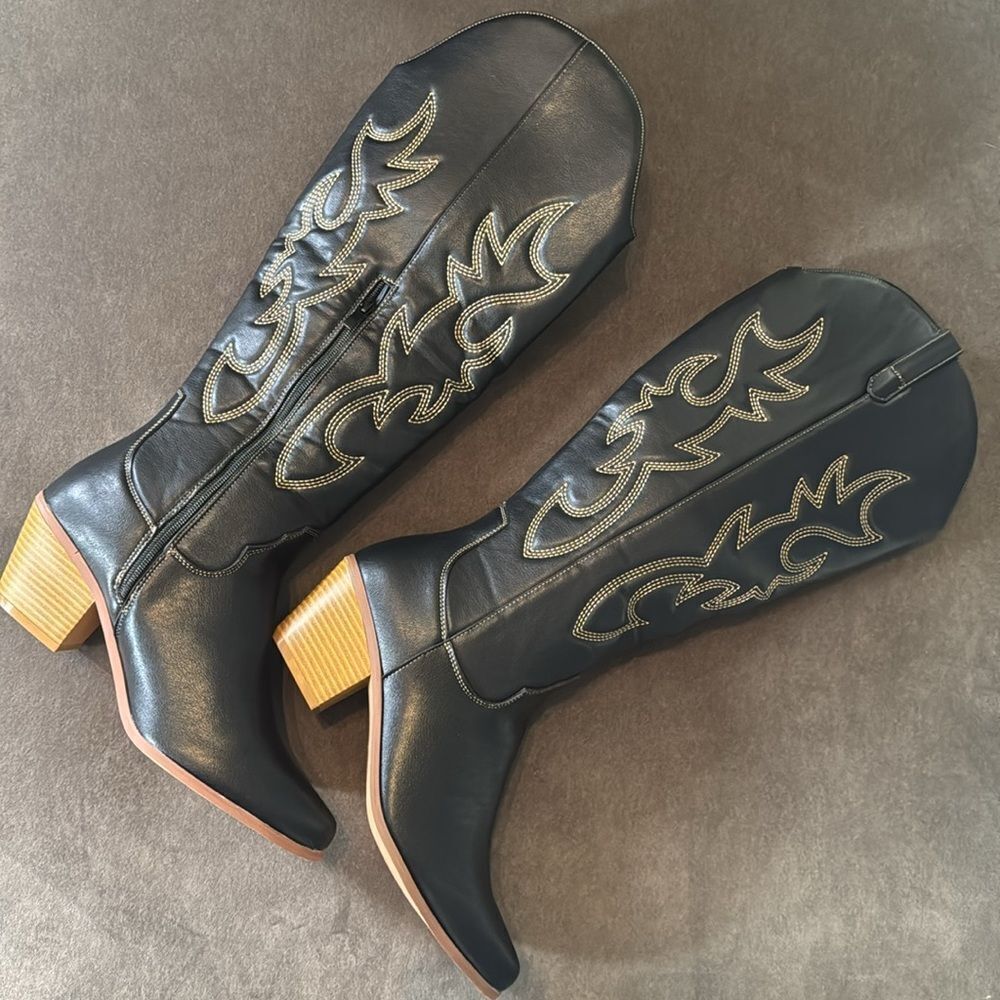 Women’s Black Western Cowgirl Boots Knee High Pointed Toe Side Zip Size 11 NEW - Picture 4 of 16